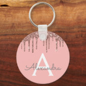 Roze Rose Gold Faux Sparkly Glitter Monogram Sleutelhanger (Voorkant)