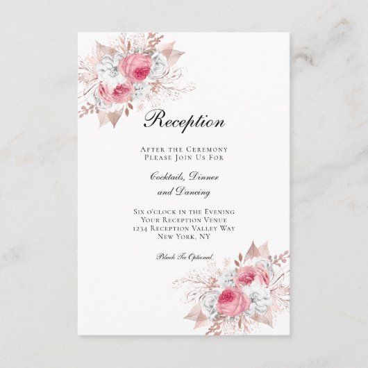 Roze Rose Gold Floral Elegant Wedding Reception Informatiekaartje (Voorkant)