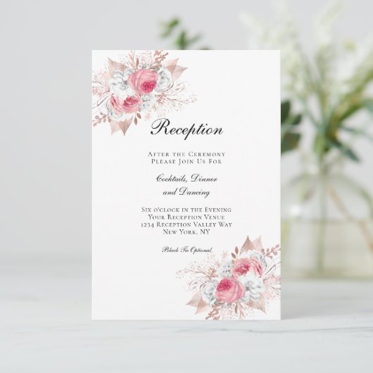 Roze Rose Gold Floral Elegant Wedding Reception Informatiekaartje (Staand voorkant)