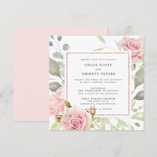 Roze Rose Gold Floral Square Weddenschap Kaart (Voorkant / Achterkant)