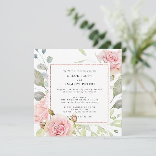 Roze Rose Gold Floral Square Weddenschap Kaart (Staand voorkant)