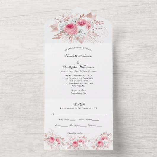 Roze Rose Gold Floral Wedding All In One Uitnodiging (Binnen)