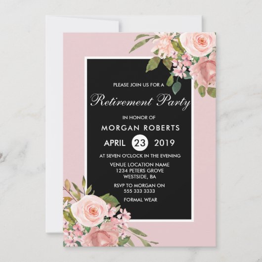 Roze Rose Gold Flower Retirement Party Invite Kaart (Voorkant)