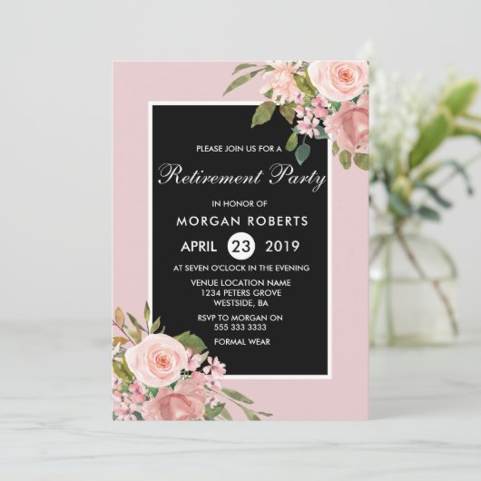 Roze Rose Gold Flower Retirement Party Invite Kaart (Staand voorkant)
