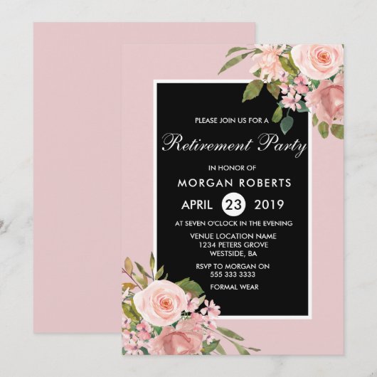 Roze Rose Gold Flower Retirement Party Invite Kaart (Voorkant / Achterkant)