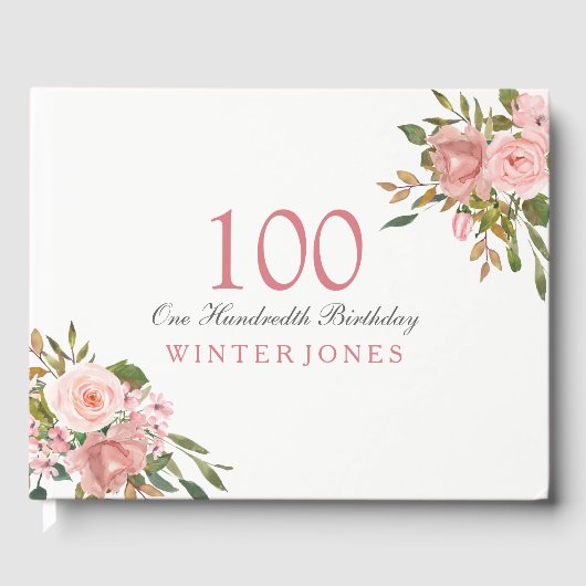 Roze Rose Gold Flowers 100th Birthday Party Gastenboek (Voorkant)