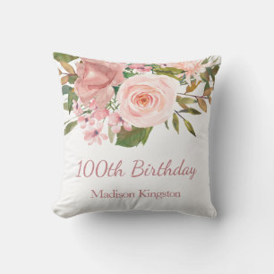 Roze Rose Gold Flowers 100th Birthday Party Gift Kussen
