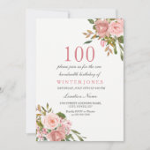 Roze Rose Gold Flowers 100th Birthday Party Invite Kaart (Voorkant)