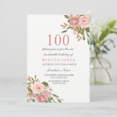 Roze Rose Gold Flowers 100th Birthday Party Invite Kaart (Staand voorkant)