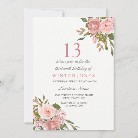 Roze Rose Gold Flowers 13th Birthday Party Invite Kaart (Voorkant)