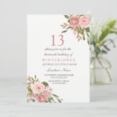 Roze Rose Gold Flowers 13th Birthday Party Invite Kaart (Staand voorkant)
