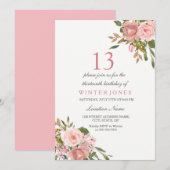 Roze Rose Gold Flowers 13th Birthday Party Invite Kaart (Voorkant / Achterkant)