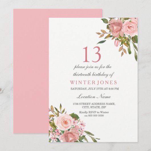 Roze Rose Gold Flowers 13th Birthday Party Invite Kaart (Voorkant / Achterkant)