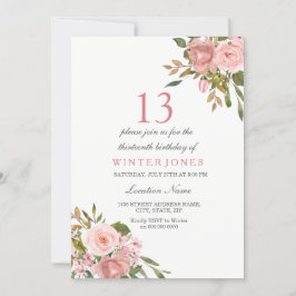 Roze Rose Gold Flowers 13th Birthday Party Invite Kaart