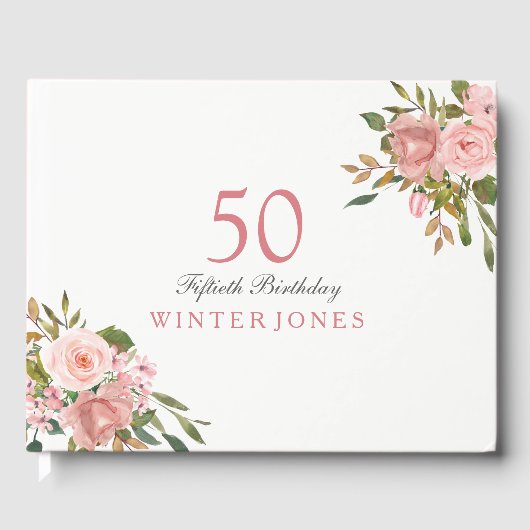 Roze Rose Gold Flowers 50th Birthday Party Gastenboek (Voorkant)