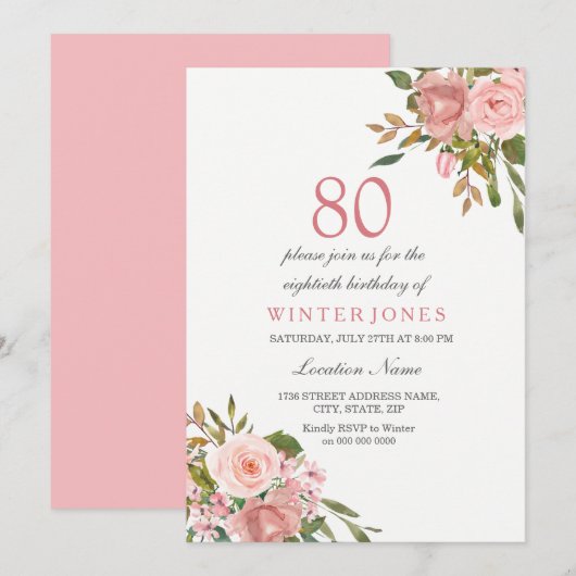 Roze Rose Gold Flowers 80th Birthday Party Invite Kaart (Voorkant / Achterkant)