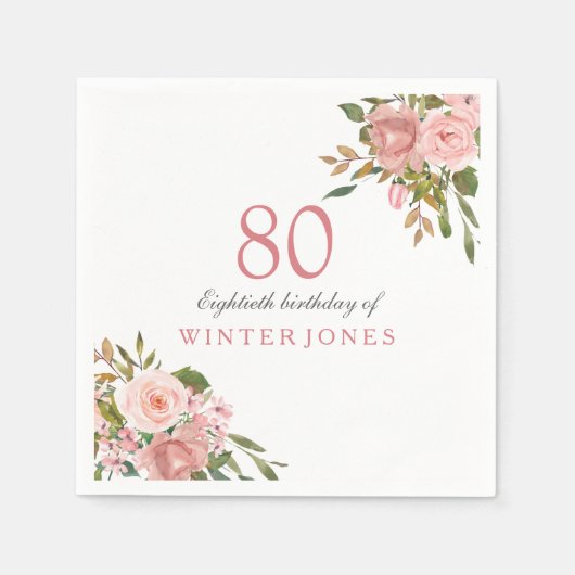 Roze Rose Gold Flowers 80th Birthday Party Napkins Servet (Voorkant)