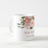 Roze Rose Gold Flowers 90th Birthday Party Gift Koffiemok (Voorkant links)
