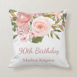 Roze Rose Gold Flowers 90th Birthday Party Gift Kussen