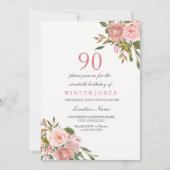 Roze Rose Gold Flowers 90th Birthday Party Invite Kaart (Voorkant)