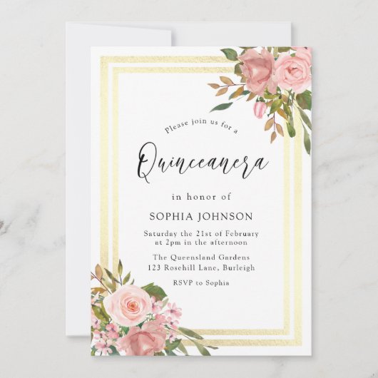 Roze Rose Gold Flowers Double Border Quinceanera Kaart (Voorkant)