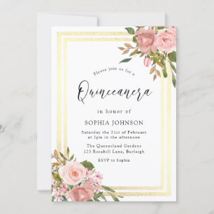 Roze Rose Gold Flowers Double Border Quinceanera Kaart