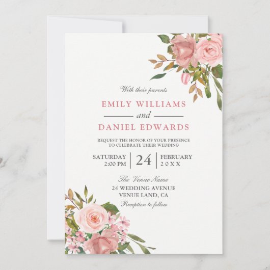 Roze Rose Gold Flowers Elegant Wedding Invite Kaart (Voorkant)