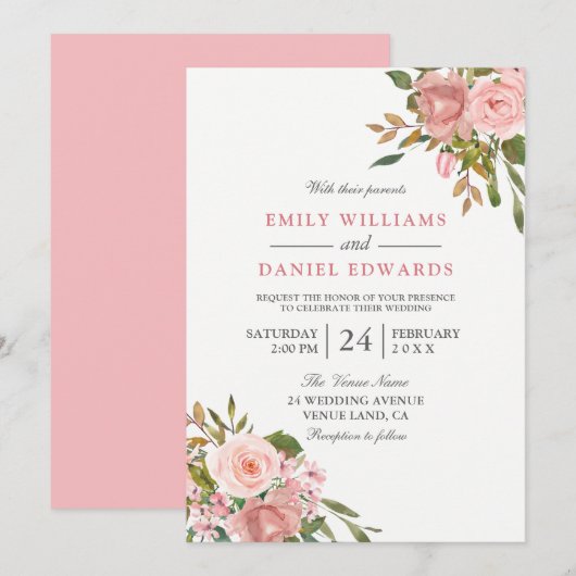 Roze Rose Gold Flowers Elegant Wedding Invite Kaart (Voorkant / Achterkant)