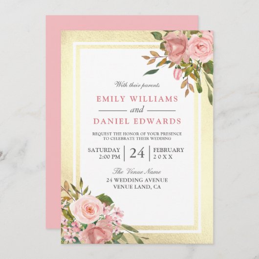 Roze Rose Gold Flowers Golden Border Wedding Kaart (Voorkant / Achterkant)