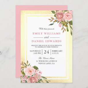 Roze Rose Gold Flowers Golden Border Wedding Kaart