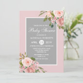 Roze Rose Gold Flowers Grey Baby shower Invite Kaart (Staand voorkant)