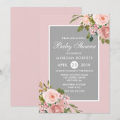 Roze Rose Gold Flowers Grey Baby shower Invite Kaart (Voorkant / Achterkant)