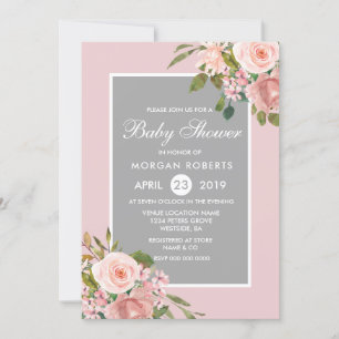 Roze Rose Gold Flowers Grey Baby shower Invite Kaart