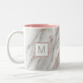 Roze Rose Gold Foil Marble Grey MONOGRAM Tweekleurige Koffiemok