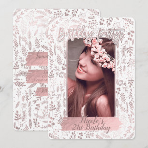 Roze Rose Gold Foil Modern Birthday Party Foto Kaart