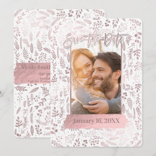Roze Rose Gold Foil Modern Save the Date Photo Kaart (Voorkant / Achterkant)