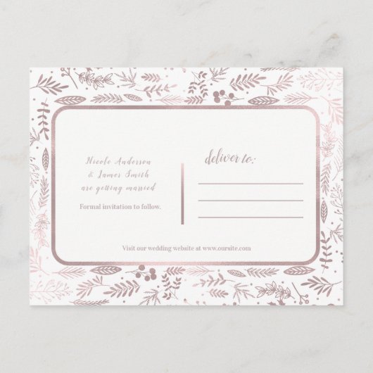 Roze Rose Gold Foil Modern Script Save the Date Aankondigingskaart (Achterkant)