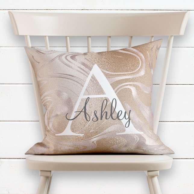 Roze Rose Gold Foil Sparkle Marble Monogram Naam Kussen (Creator heeft geüpload)