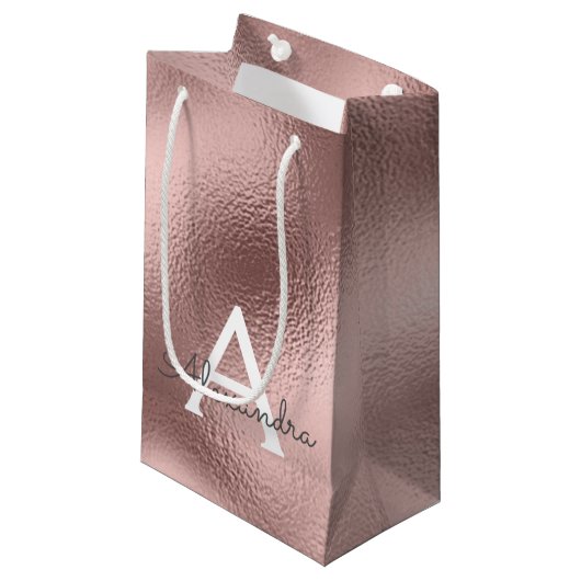Roze Rose Gold Foil & Sparkle Monogram Klein Cadeauzakje (Voorkant Gekanteld)