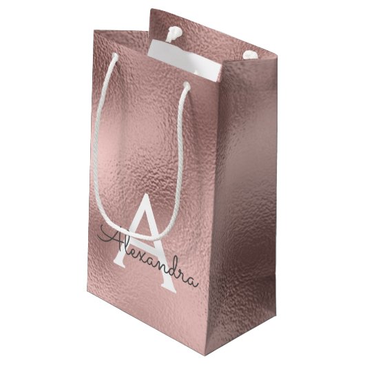Roze Rose Gold Foil & Sparkle Monogram Klein Cadeauzakje (Achterkant Gekanteld)
