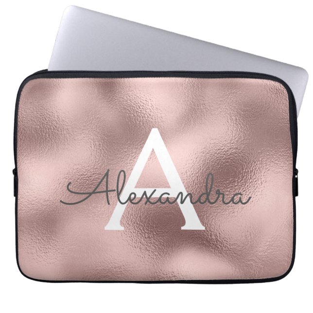Roze Rose Gold Folie en Sparkle Monogram Laptop Sleeve (Voorkant)