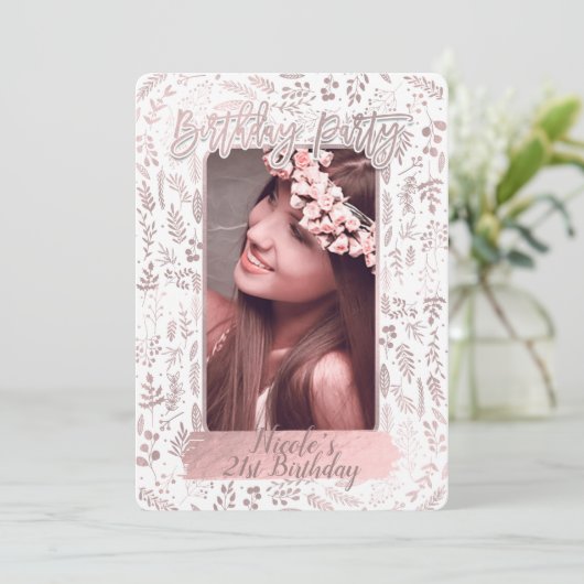 Roze Rose Gold Folie Moderne Verjaardag Party Foto Kaart (Staand voorkant)