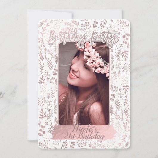 Roze Rose Gold Folie Moderne Verjaardag Party Foto Kaart (Voorkant)
