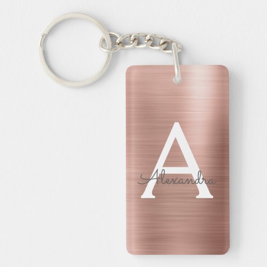Roze Rose Gold Girly en Chic Monogram Sleutelhanger (Voorkant)