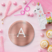 Roze Rose Gold Girly Metallic Monogram Dag Papieren Bordje (Feest)