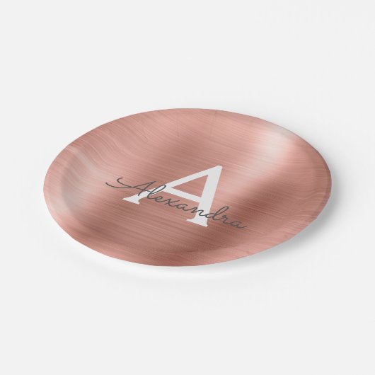 Roze Rose Gold Girly Metallic Monogram Dag Papieren Bordje (Gekanteld)