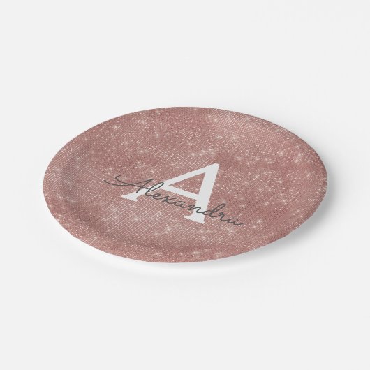 Roze Rose Gold Girly Sparkle Monogram Verjaardag Papieren Bordje (Gekanteld)