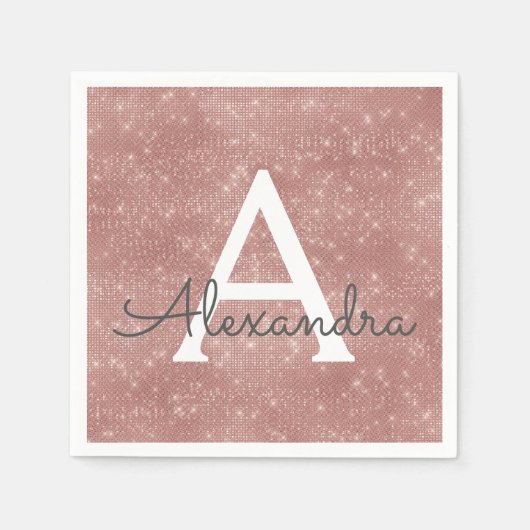 Roze Rose Gold Girly Sparkle Monogram Verjaardag Servet (Voorkant)