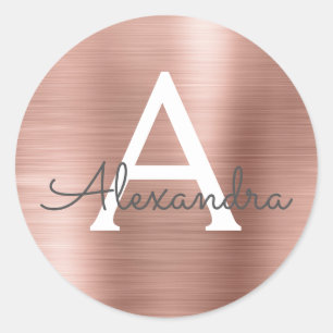 Roze Rose Gold Girly Wedding Monogram Ronde Sticker