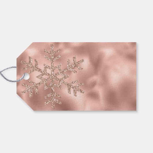Roze Rose Gold Glam Glitter Sneeuwvlok Cadeaulabel (Achterkant Horizontaal)